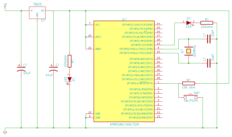 Simple Arduino on a breadboard - circuit diagram